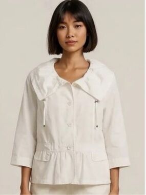 Women's White Ruche Drawstring Collar Cropped Utility Button Front Jacket 14